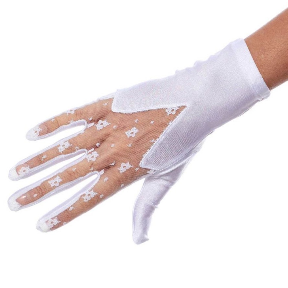 Liza Lace Satin Wrist Length Gloves with Sheer Insert